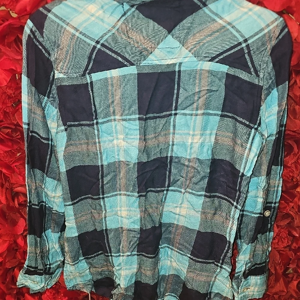Justice Girls Blue and Black Plaid Shirt Rhinestone Pocket Size 10